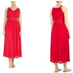 Nina Leonard Sleeveless Lace Trim Maxi Dress‎ Real Red S